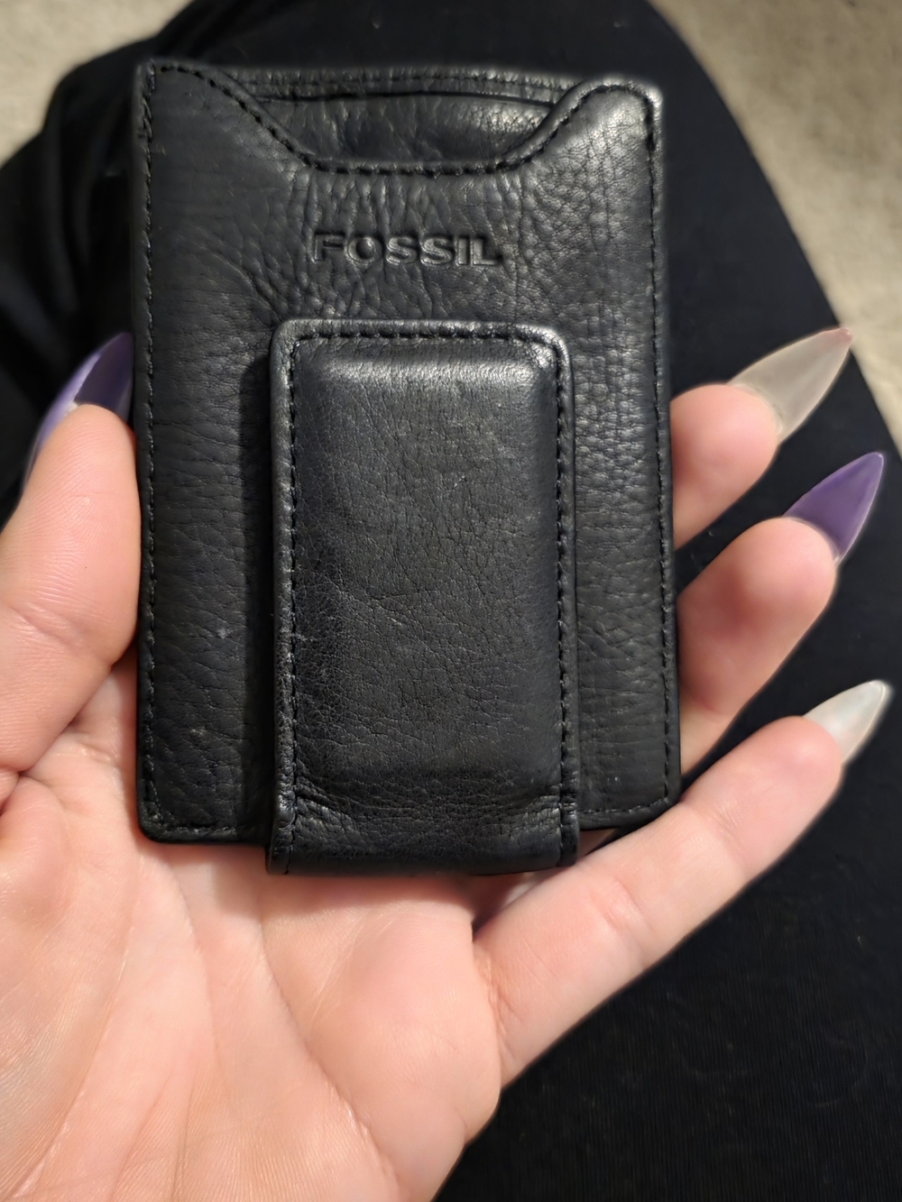 Fossil Black Leather Magnetic Money Clip Card Holder